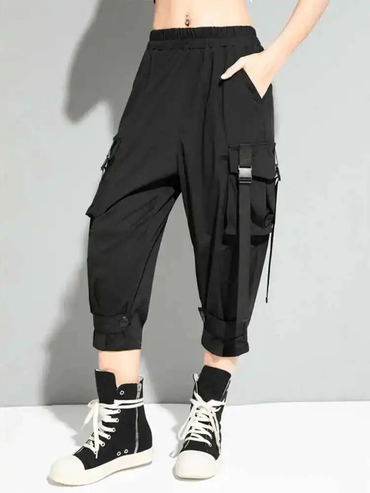 High Elastic Waist Black Bandage Pockets Casual Pants New Loose Fit Trousers Women Fashion Tide Spring Autumn 2025 1DF4764