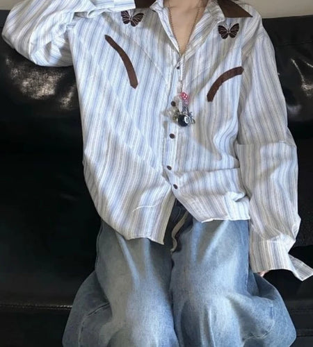 Autumn Japanese Stripe Oversized Women Blouse Y2k Aesthetic Loose Butterfly Embroidery Grunge Blusas Vintage Harajuku Casual Top