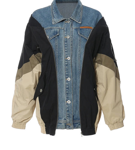 Loose Fit Blue Denim Color-block Big Size Jacket New Lapel Long Sleeve Women Coat Fashion Tide Spring Autumn 2025 1DF1519