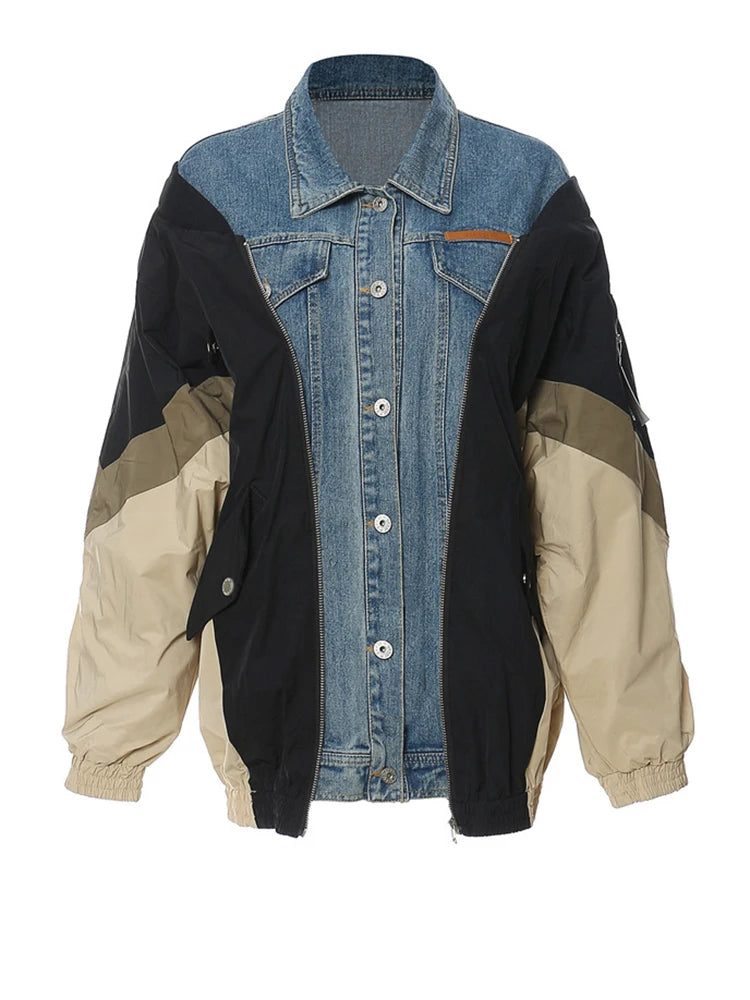 Loose Fit Blue Denim Color-block Big Size Jacket New Lapel Long Sleeve Women Coat Fashion Tide Spring Autumn 2025 1DF1519