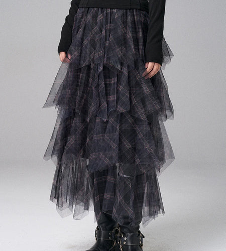 High Elastic Waist Black Plaid Irregular Layers Mesh Cake Half-body Skirt Women Fashion New Spring Autumn 2025 1DJ0382