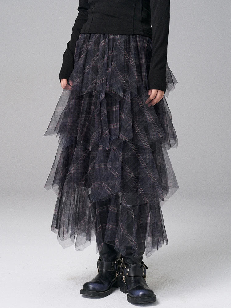 High Elastic Waist Black Plaid Irregular Layers Mesh Cake Half-body Skirt Women Fashion New Spring Autumn 2025 1DJ0382