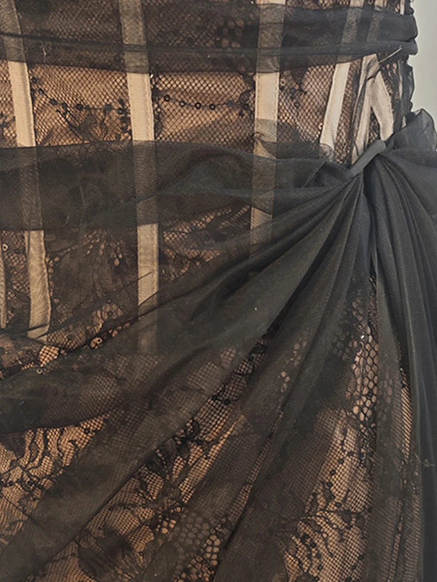 Solid Spliced Lace Slimming Dresses For Women Strapless Sleeveless High Waist Temperament Dress Female Fashion New