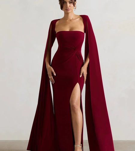 Long Cape Sleeve Split Maxi Dress For Women Gown Fashion Solid Square Collar Evening Sexy Long Dress Elegant New