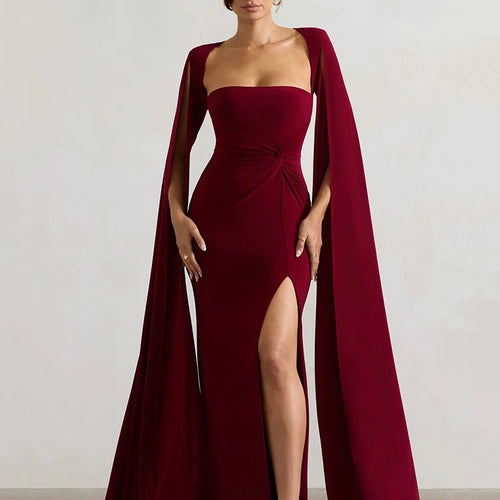 Load image into Gallery viewer, Long Cape Sleeve Split Maxi Dress For Women Gown Fashion Solid Square Collar Evening Sexy Long Dress Elegant New
