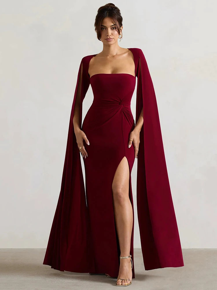 Long Cape Sleeve Split Maxi Dress For Women Gown Fashion Solid Square Collar Evening Sexy Long Dress Elegant New
