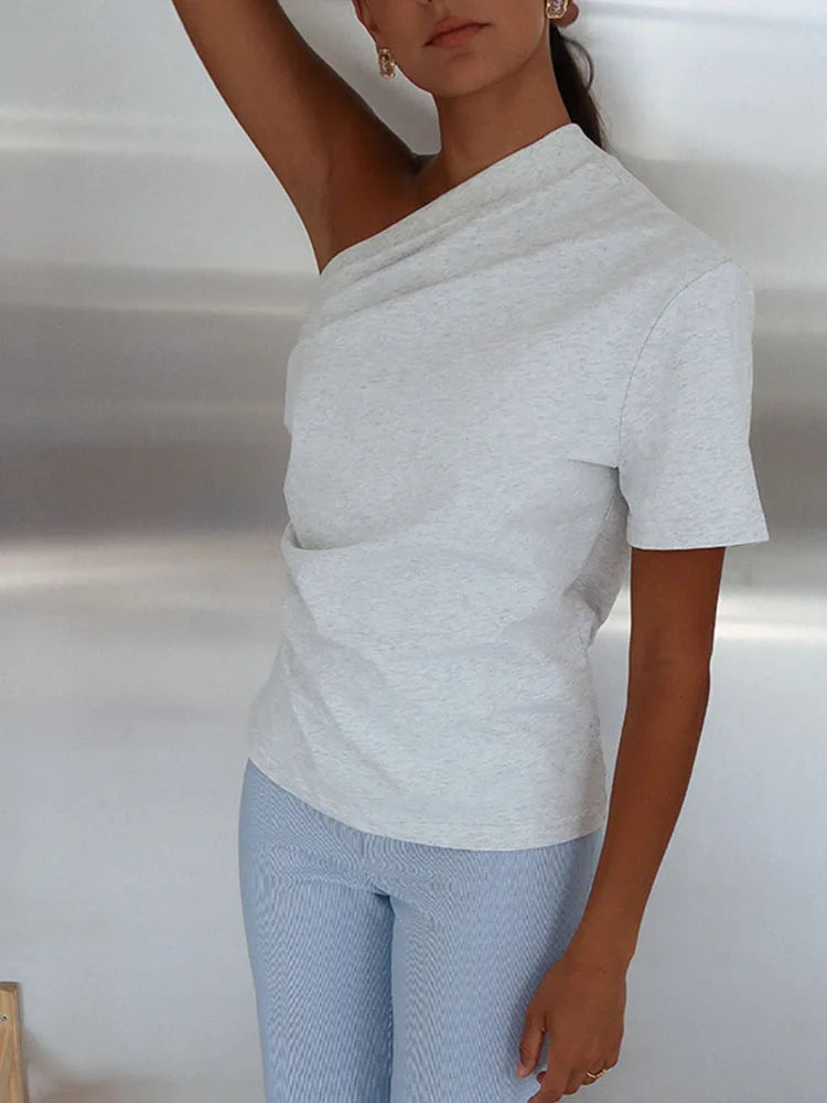 Women'S Solid Color One-Shoulder Thin Short-Sleeved T-Shirt Tops Summer New Versatile Lazy Causal And Comfortable Tops