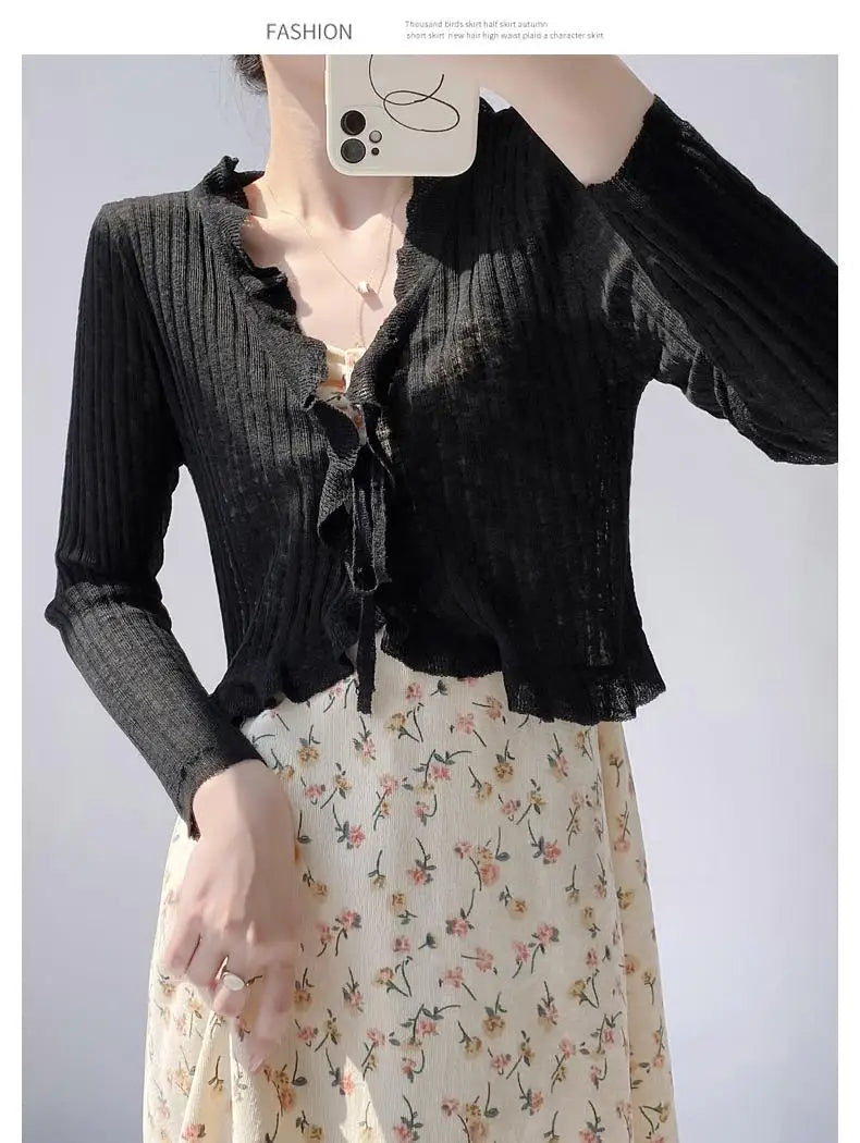 New Spring Summer Solid Long Sleeved Festival Elegant Slim Cardigan Knitted Tops Ladies Sun Protection Lace-up Ruffle Edge Coat