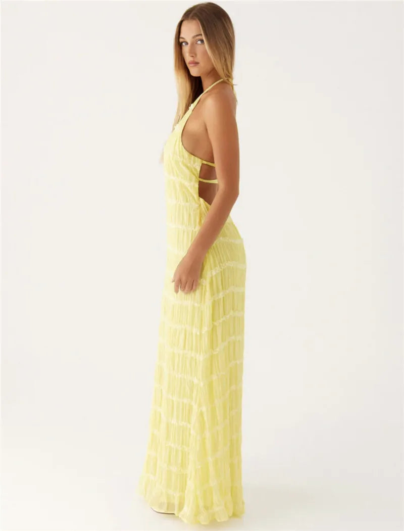 Halter Backless Sexy Maxi Dress For Women Spring Summer New Lace-up Sleeveless Pleated Beach Holiday Long Dress Elegant