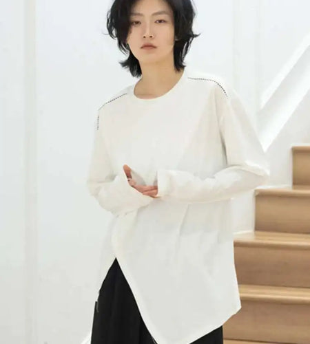 Women Black Irregular Slit Embroidery Casual T-shirt New Round Neck Long Sleeve Fashion Tide Spring Autumn 2025 1DH0106