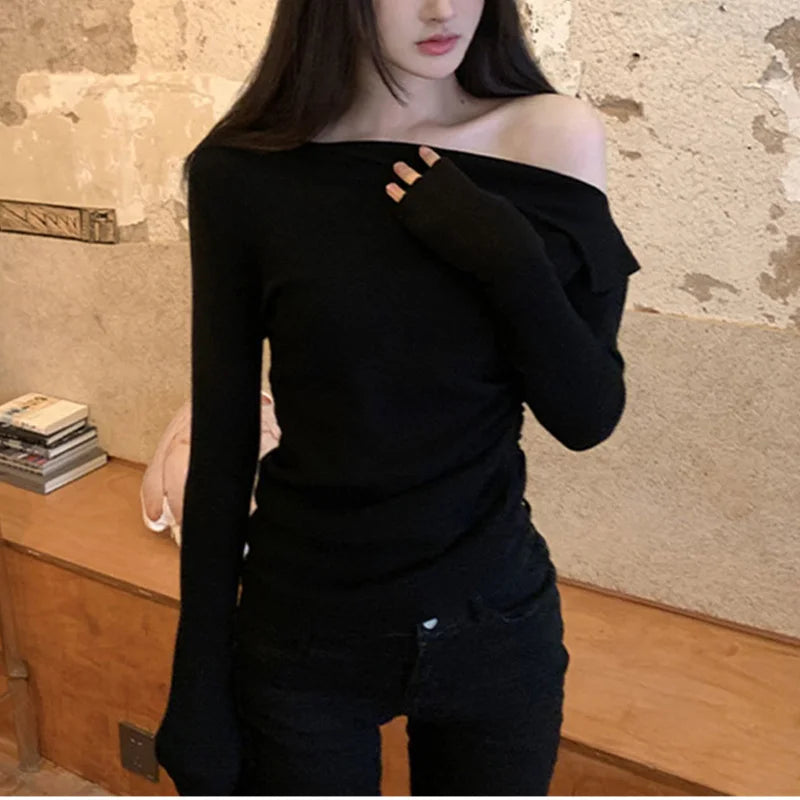 y2k Crop Top Clothing Women Solid Color Slant Neck Off Shoulder Long Sleeve Ruched T Shirt 2000s Clothes Streetwear