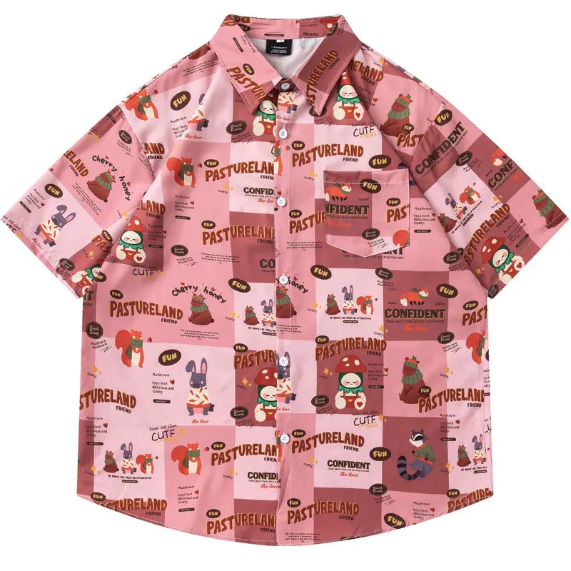 Summer Harajuku Shirts Harajuku Cartoon Graphic Printed Button Up Beach Blouse Streetwear Men Casual Baggy Short Sleeve Tops