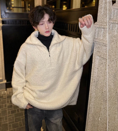 Korean Winter Zip-up Turtleneck Sweater Men Solid Color Pullover Casual Thickening Warm 2024  Fashion Knitwear 9C9015