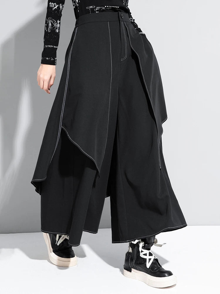 High Elastic Waist Black Irregular Topstitched Wide Leg Pants New Trousers Women Fashion Tide Spring Autumn 2025 1DA613