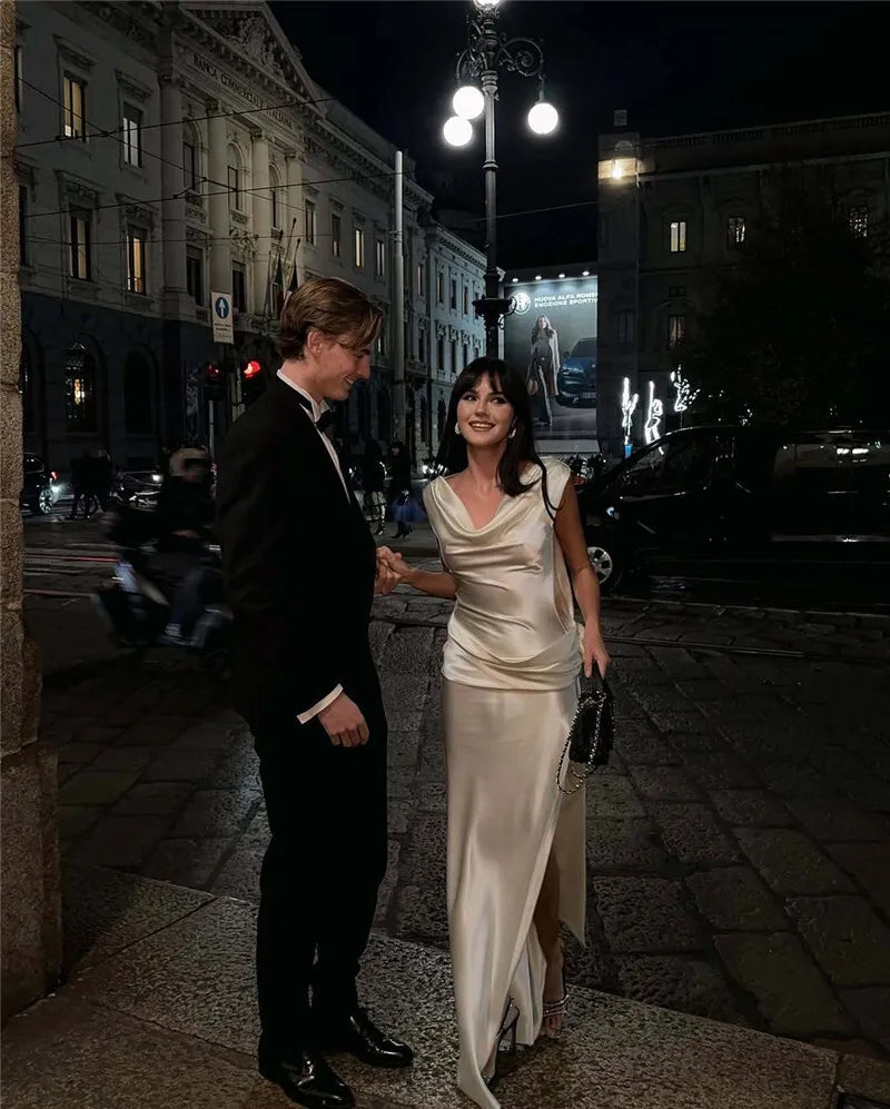 Satin Backless Sexy Maxi Dress For Women Elegant Rose Thigh High Split Beach Holiday Long Dress Gorgeous Club Gown