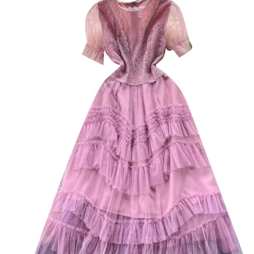 Load image into Gallery viewer, Retro Sweet Pink Lace Elegant Sequined Long Dress Round Neck Women Summer Short Sleeve Ruffles Evening Party Princess Dress Chic
