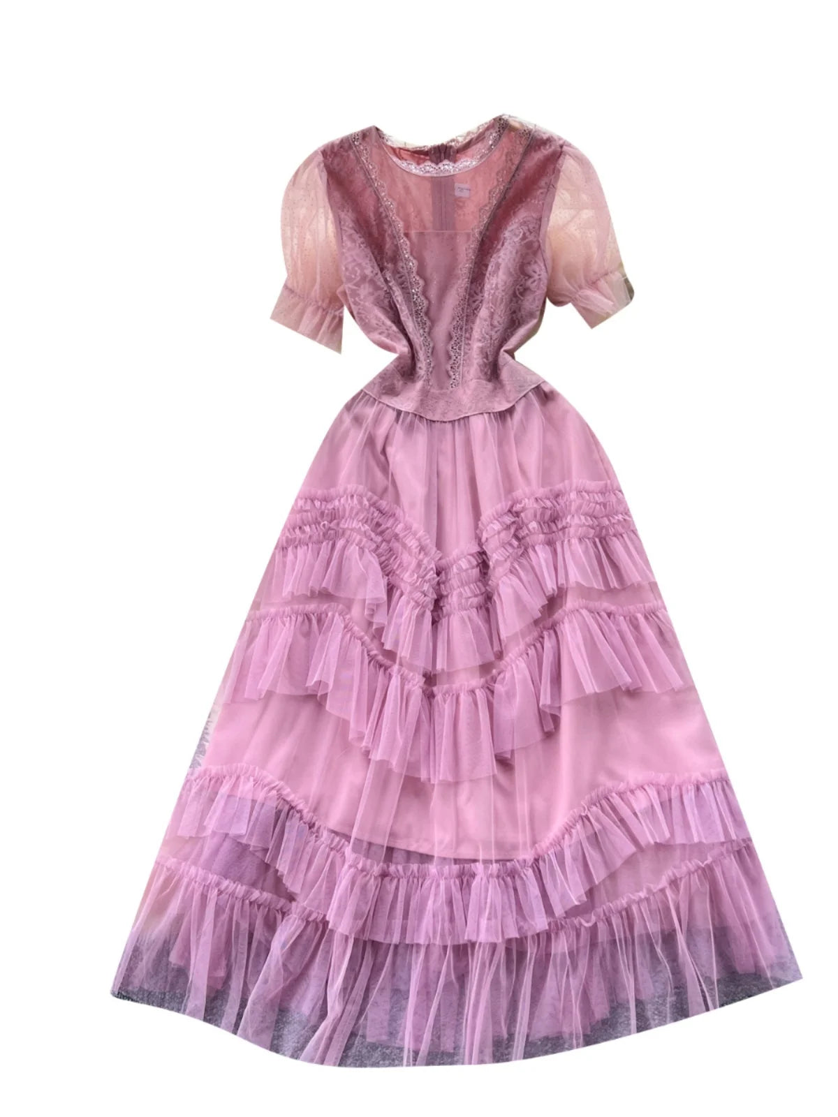 Retro Sweet Pink Lace Elegant Sequined Long Dress Round Neck Women Summer Short Sleeve Ruffles Evening Party Princess Dress Chic