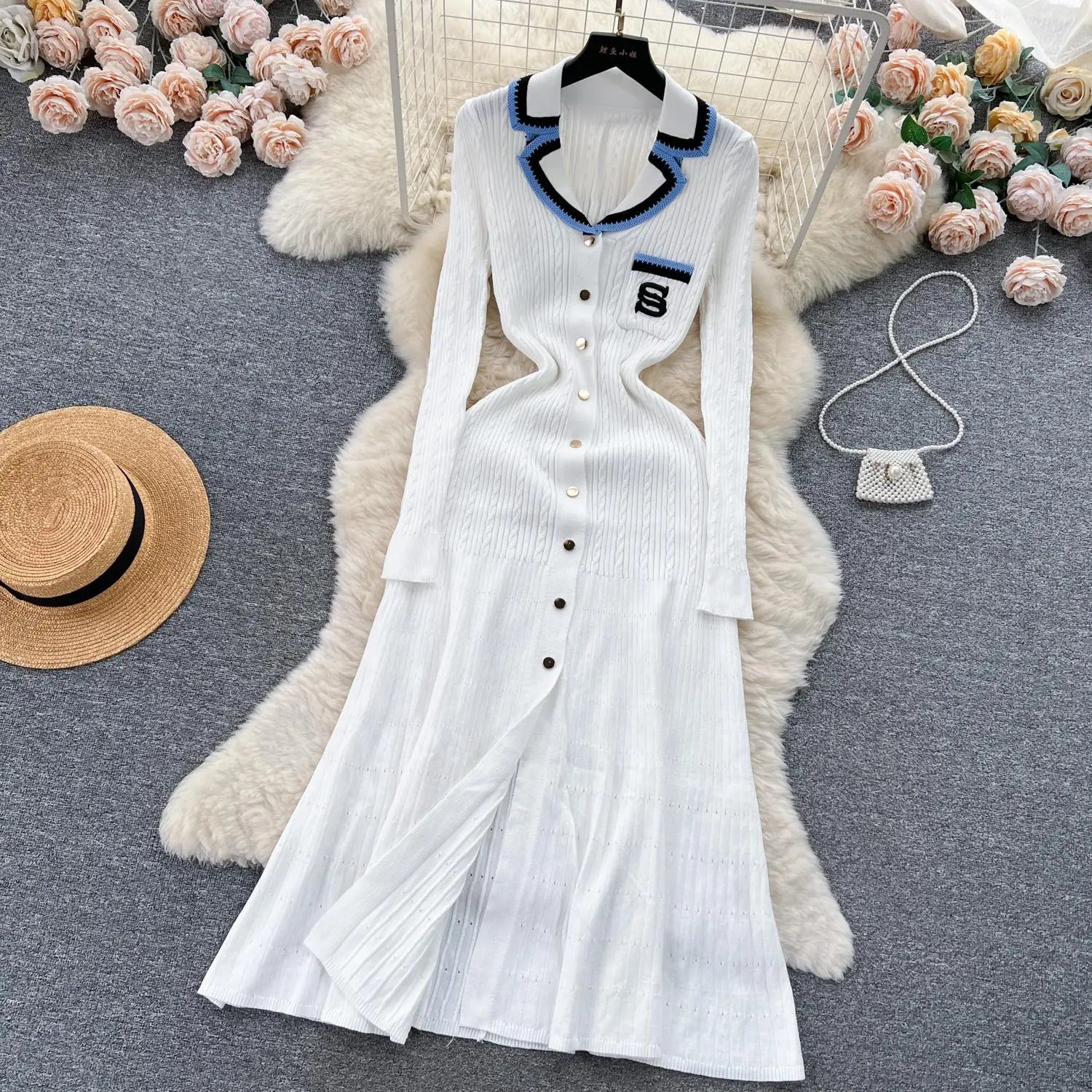 Women Elegant Patchwork Embroidery Knit Sweater Long Dress Autumn Winter Casual Fashion Slim Long Sleeve Button Dresses New 2023