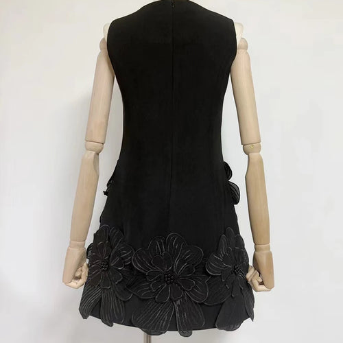 Load image into Gallery viewer, Solid Spliced Appliques Slimming Mini Dresses For Women O Neck Sleeveless High Waist Temperament Dress Female New
