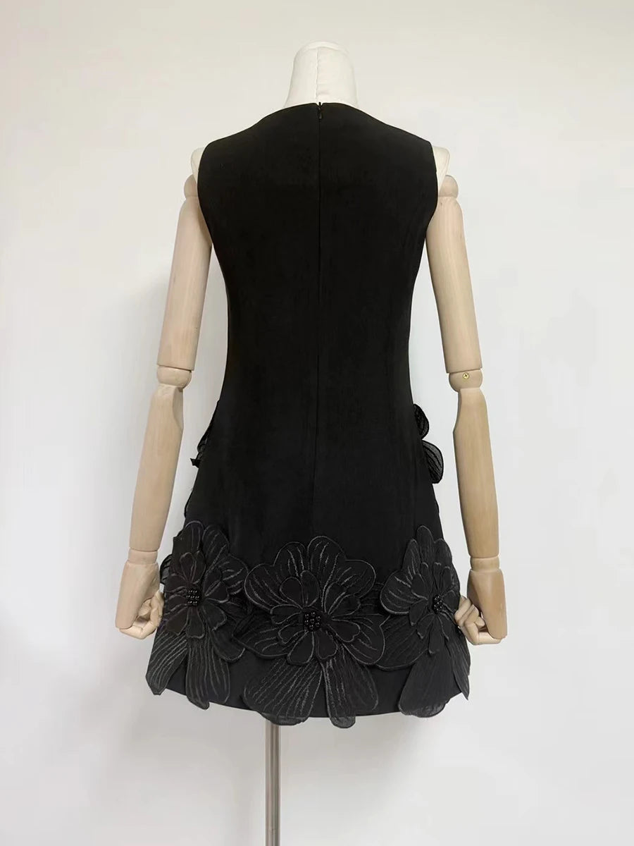 Solid Spliced Appliques Slimming Mini Dresses For Women O Neck Sleeveless High Waist Temperament Dress Female New