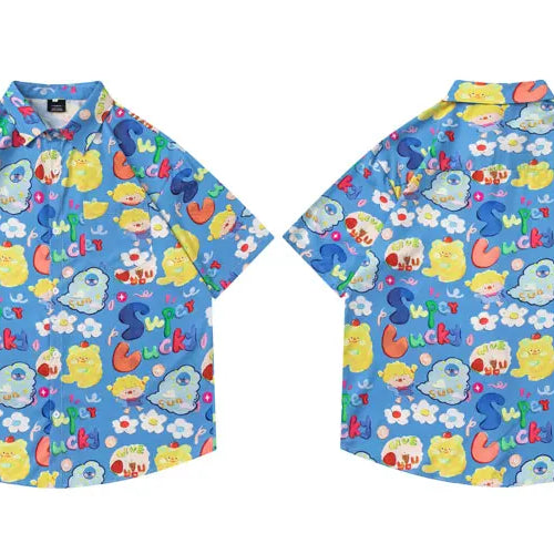 Load image into Gallery viewer, Harajuku Hawaiian Shirts Streetwear Cartoon Graphic Printed Button Up Summer Beach Blouse Hip Hop Casual Baggy Short Sleeve Tops
