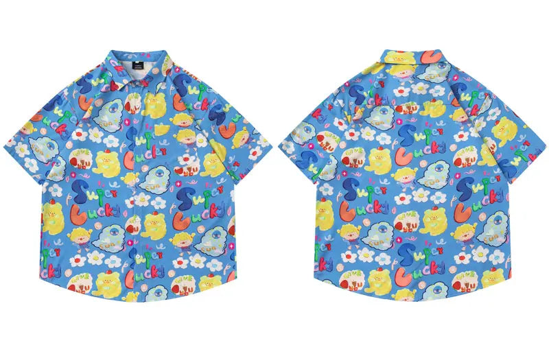 Harajuku Hawaiian Shirts Streetwear Cartoon Graphic Printed Button Up Summer Beach Blouse Hip Hop Casual Baggy Short Sleeve Tops
