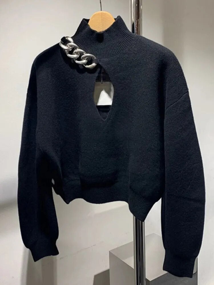 Slim Knitting Sweaters For Women Turtleneck Long Sleeve Hollow Out Patchwork Chain Pullover Sweater Female Autumn