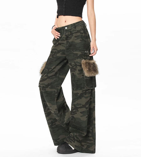 American High Street Male Cargo Pants Fur Design Loose Straight Wide Leg Multi Pockets Chic Male Casual Trousers 9W1957
