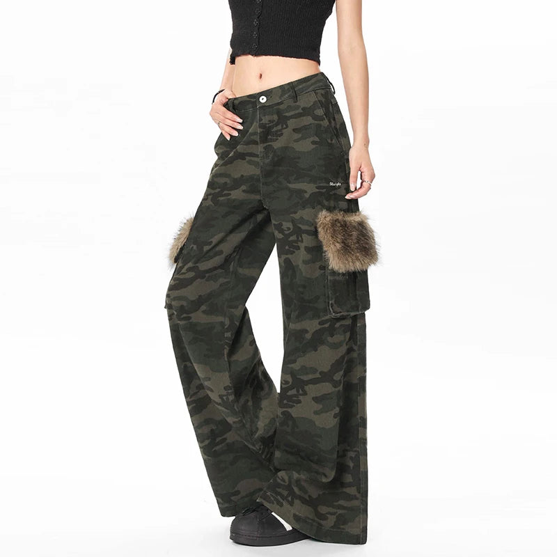 American High Street Male Cargo Pants Fur Design Loose Straight Wide Leg Multi Pockets Chic Male Casual Trousers 9W1957
