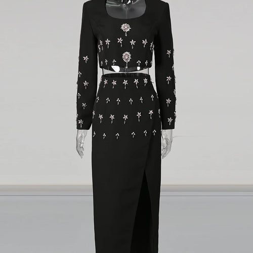 Load image into Gallery viewer, Solid Spliced Bead Lusurious Two Piece Sets for Women O Neck Long Sleeves Top High Waist Split Skirt Set Female New
