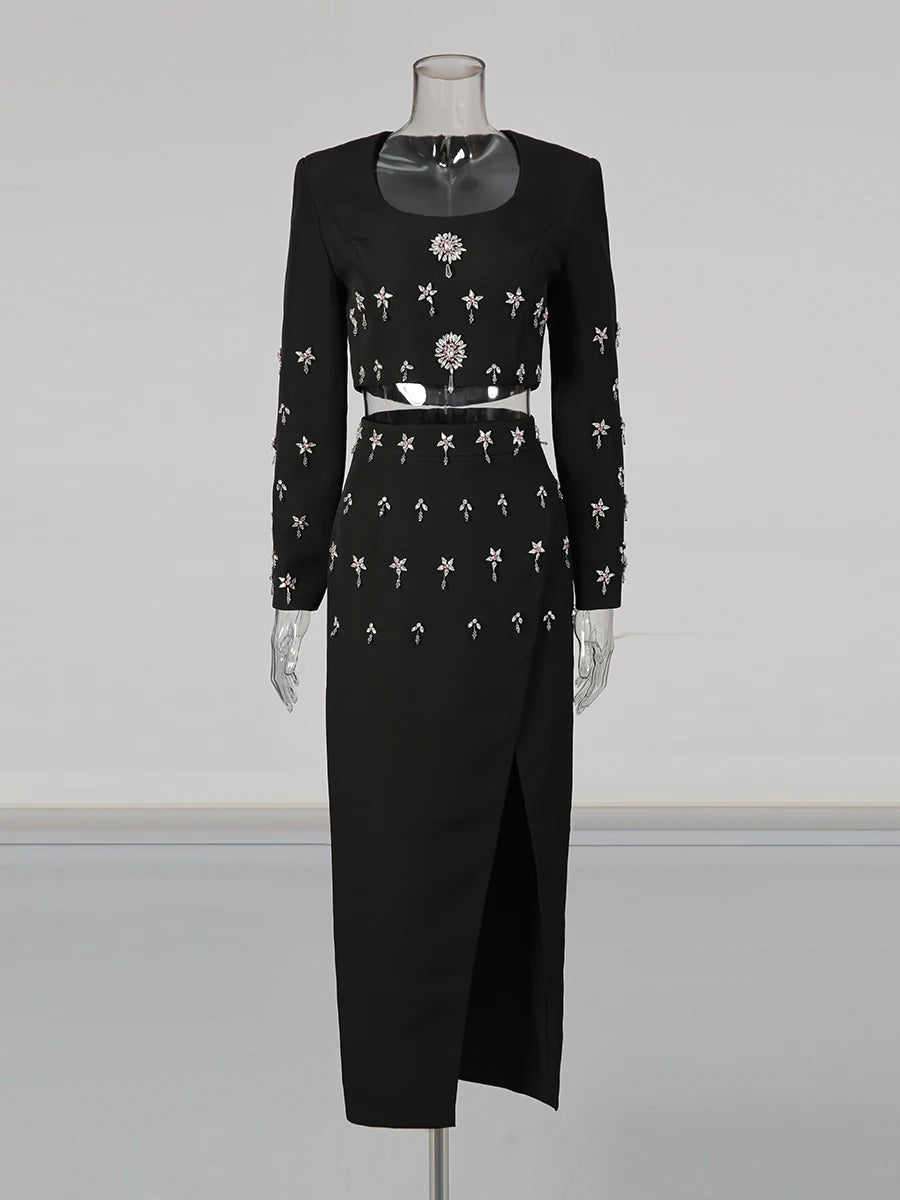 Solid Spliced Bead Lusurious Two Piece Sets for Women O Neck Long Sleeves Top High Waist Split Skirt Set Female New