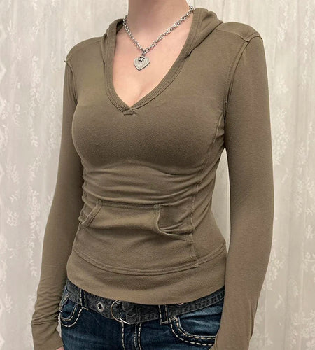 Harajuku Stitch Pockets Slim Hooded T-shirts for Women Vintage Y2K Pullover Pockets Slim Autumn Top Korean Sweats