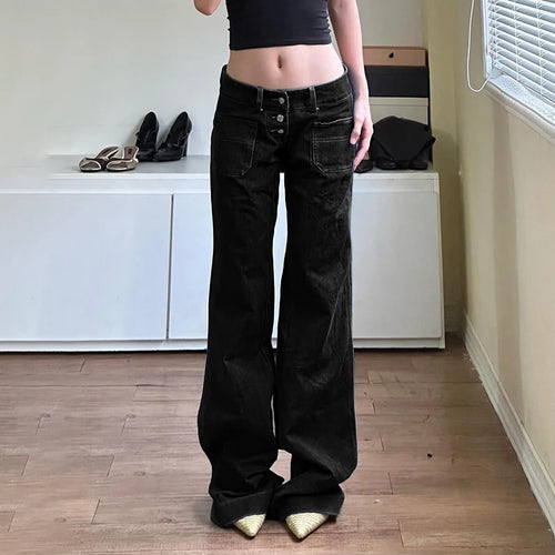 Load image into Gallery viewer, Streetwear Stitching Black Women Jeans Boot Cut Buttons Casual Harajuku Pockets Gothic Dark Low Waist Denim Trousers
