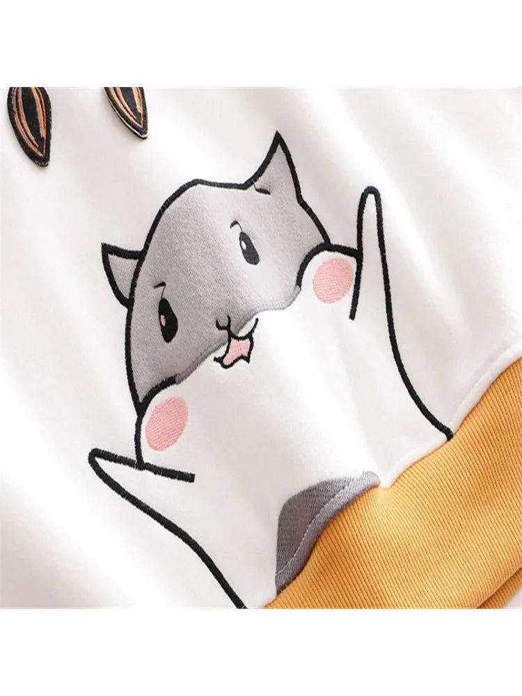 Women Cartoon Print With Ears On Hood Hoodies Sweatshirts 2020 Winter Long Sleeve Hooded Tracksuit Loose Pullovers