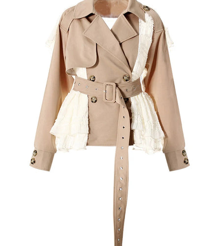 Women Khaki Lace Ruffles Big Size Elegant Trench New Lapel Long Sleeve Windbreaker Fashion Tide Spring Autumn 2025 7AB6667