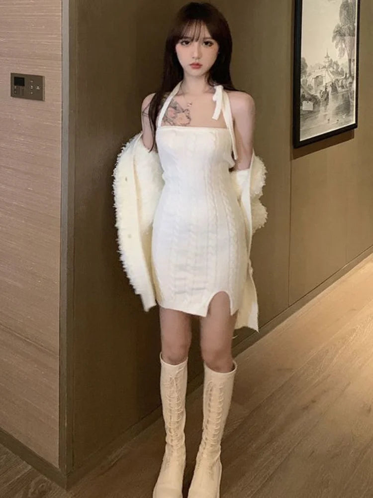 Sexy Knitted Knit Sweater Halter Dress Mini White Backless Bodycon Wrap Off Shoulder Short Dresses Autumn