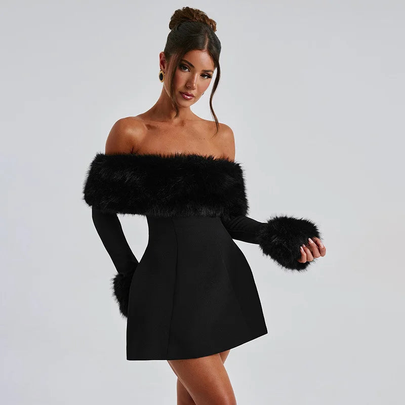 Feather Strapless Long Sleeve Sexy Mini Dress Women Fashion Off-shoulder Backless High Waist Club Party Dress Elegant
