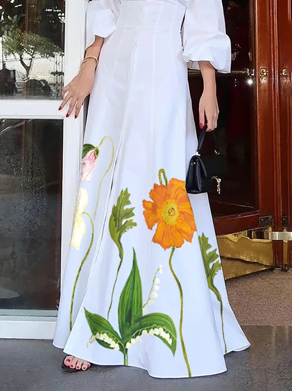 Summer Women's Flower Print Maxi Dress 2025 New Lapel Buttoned Puff Sleeves Birthday Pleats A-line Long Shirt Dress