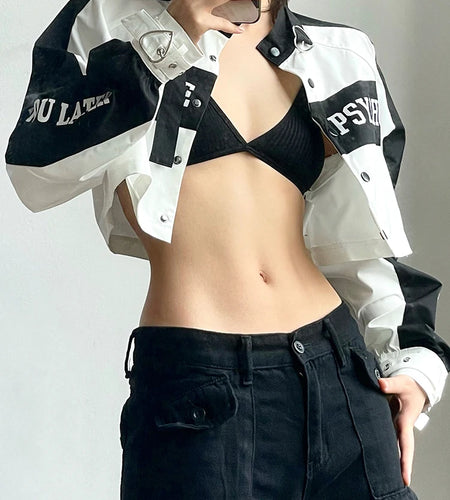 Streetwear Letter Buttons Patchwork Racing Jacket Female Autumn Coat Cropped Contrast Buckle Moto & Biker Jackets