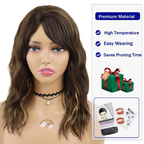 Load image into Gallery viewer, Synthetic Long Curly Wig with Bangs Body Wave Wigs for Women Natural Mix Brown Wigs for African American Old Lady Wig
