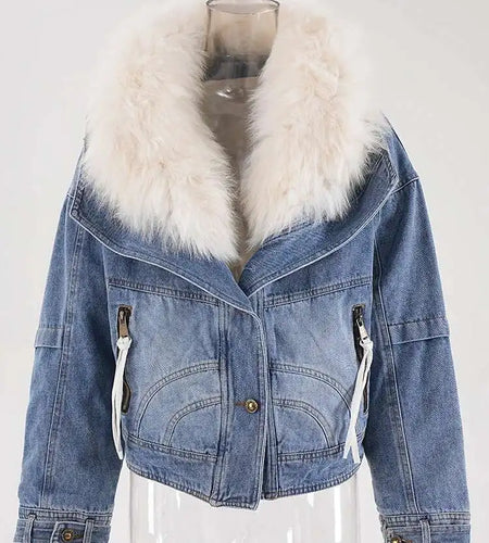 Blue Denim Cotton-padded Big Size Warm Jacket New Fur Lapel Long Sleeve Women Coat Fashion Autumn Winter 2025 CPG2442