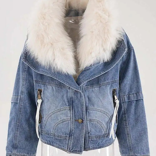 Load image into Gallery viewer, Blue Denim Cotton-padded Big Size Warm Jacket New Fur Lapel Long Sleeve Women Coat Fashion Autumn Winter 2025 CPG2442
