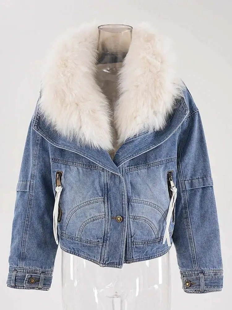 Blue Denim Cotton-padded Big Size Warm Jacket New Fur Lapel Long Sleeve Women Coat Fashion Autumn Winter 2025 CPG2442