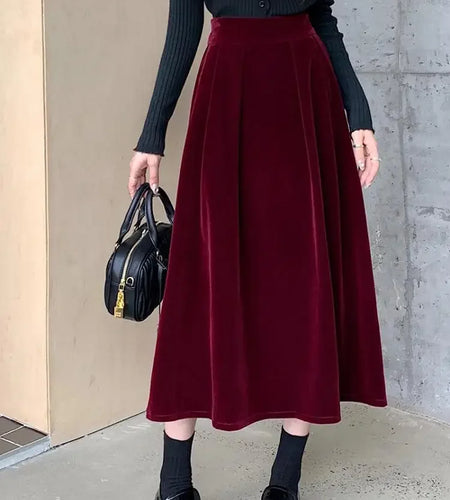 Autumn Winter Warm Vintage Red Elegant Velvet A-line Skirt For Women 2024 High Waist Casual Black Party Pleated Big Swing Skirts