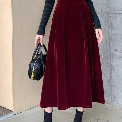 Load image into Gallery viewer, Autumn Winter Warm Vintage Red Elegant Velvet A-line Skirt For Women 2024 High Waist Casual Black Party Pleated Big Swing Skirts
