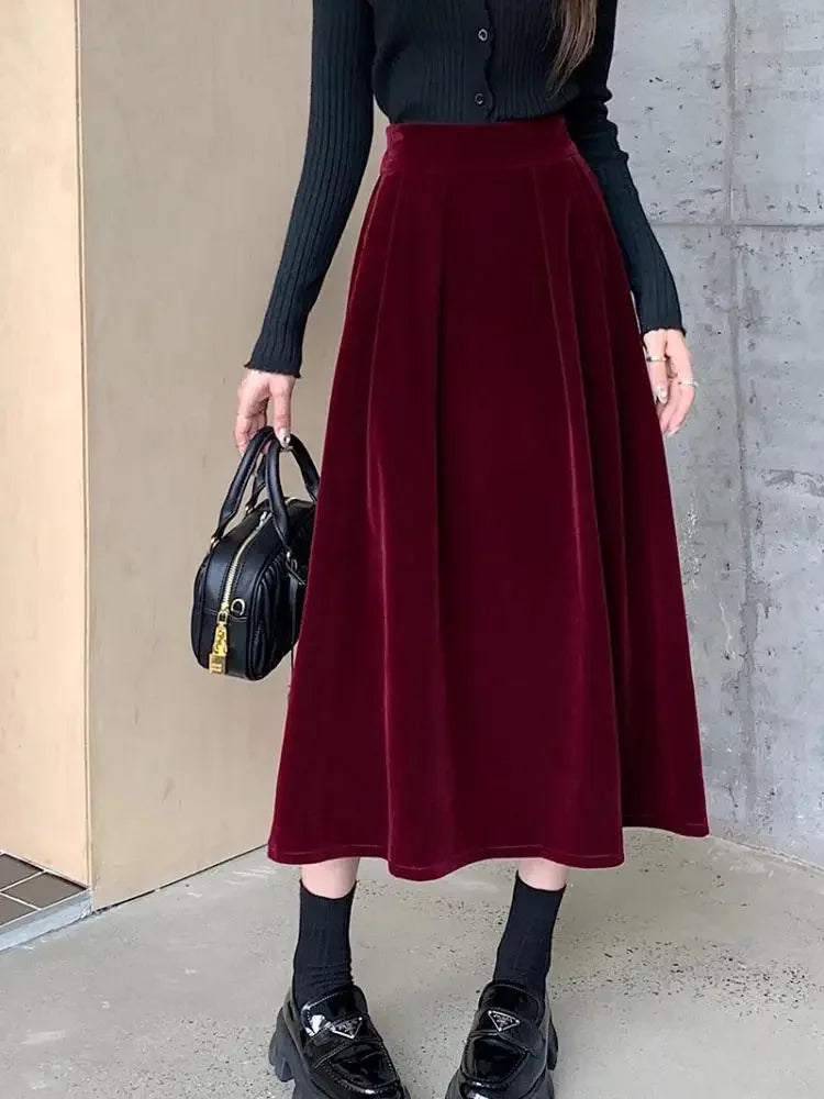 Autumn Winter Warm Vintage Red Elegant Velvet A-line Skirt For Women 2024 High Waist Casual Black Party Pleated Big Swing Skirts