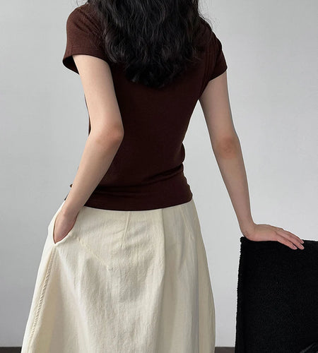 Women Coffee Plain Color Brief Elegant Slim T-shirt New Round Neck Short Sleeve Fashion Tide Spring Summer 2025 1DJ1902