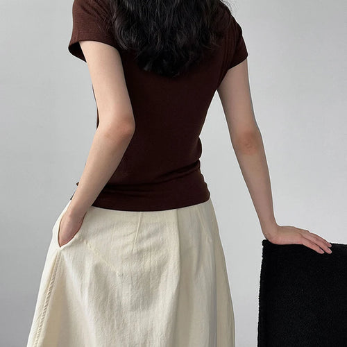 Load image into Gallery viewer, Women Coffee Plain Color Brief Elegant Slim T-shirt New Round Neck Short Sleeve Fashion Tide Spring Summer 2025 1DJ1902
