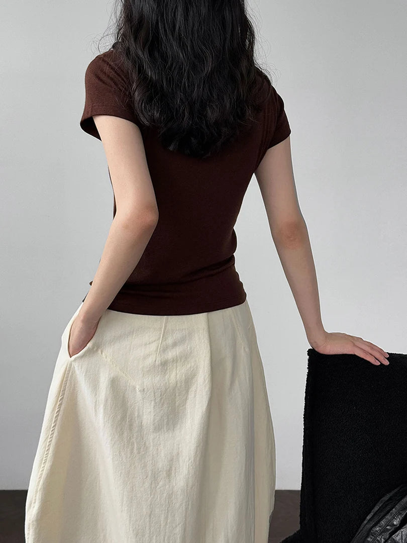 Women Coffee Plain Color Brief Elegant Slim T-shirt New Round Neck Short Sleeve Fashion Tide Spring Summer 2025 1DJ1902