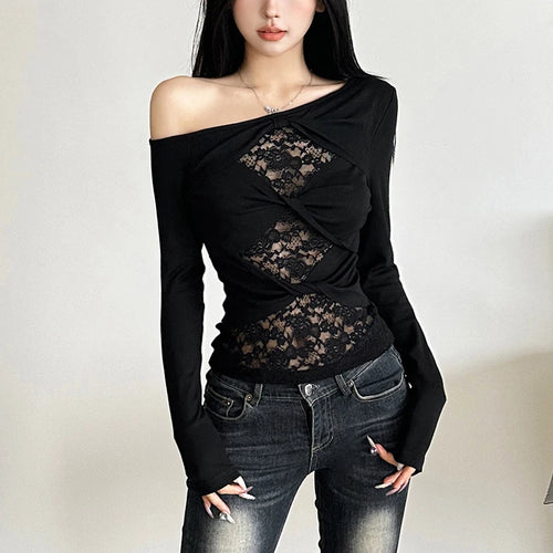 Load image into Gallery viewer, y2k Lace Top Women Coquette Clothing See Through Slash Neck One Shoulder Twist Front Long Sleeve T Shirt Streetwear
